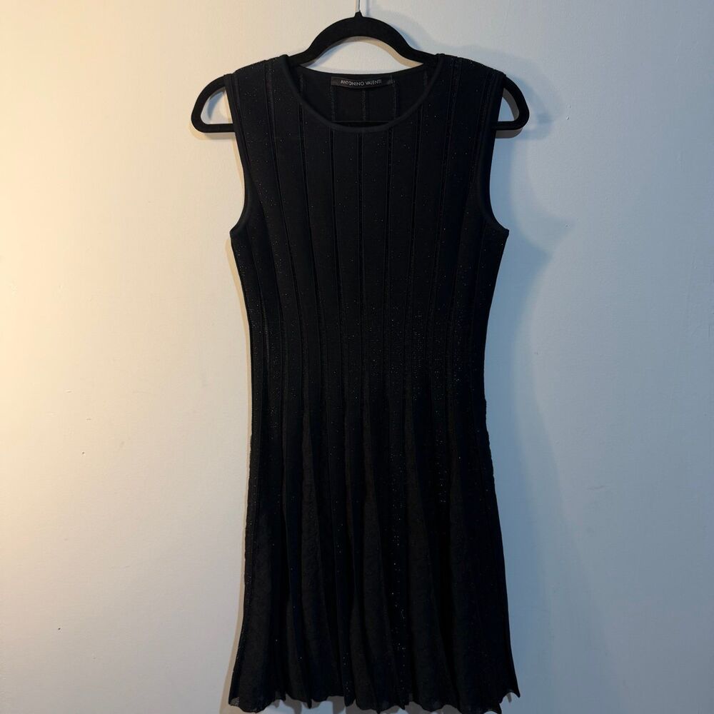 ANTONINO VALENTI sleeveless silk blend dress, textured black glitter strips, Sm